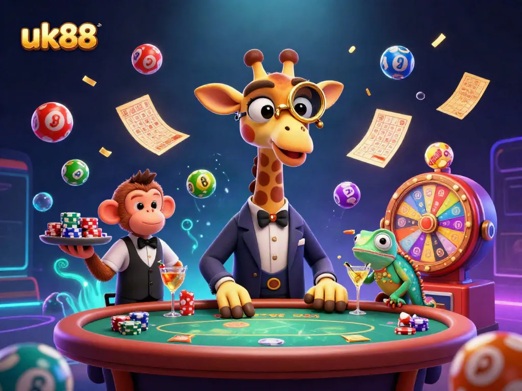 Engage in exciting gameplay at uk88 with a high-roller giraffe, colorful lottery elements, and vibrant casino atmosphere.