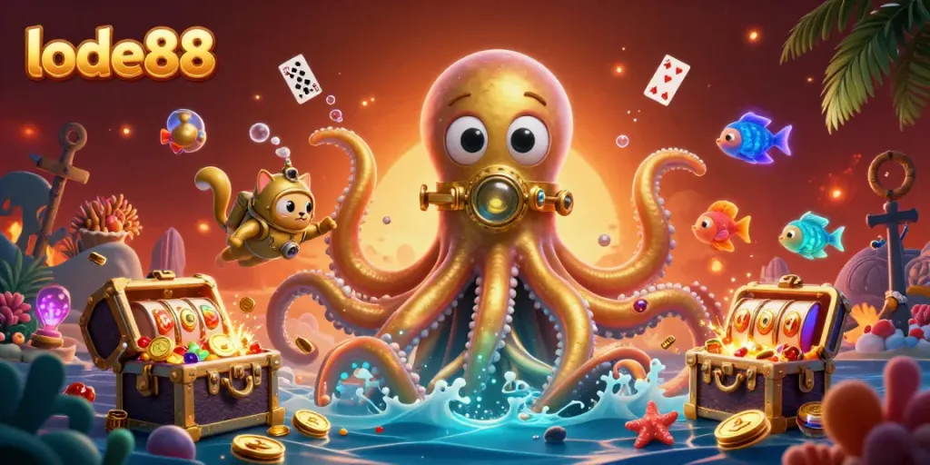 Engage with lode88's thrilling gaming adventure with a kraken and diving cat, rich in treasure.