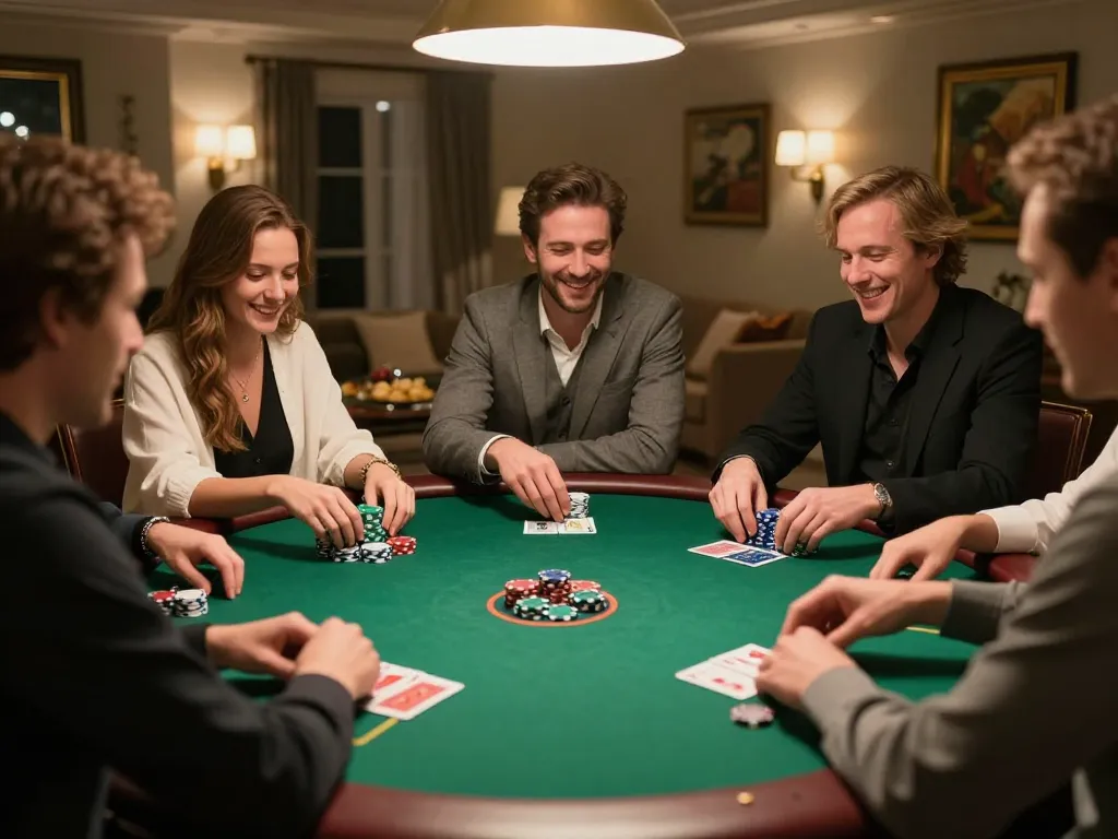 Max88 players strategizing during a home poker game night with chips and cards