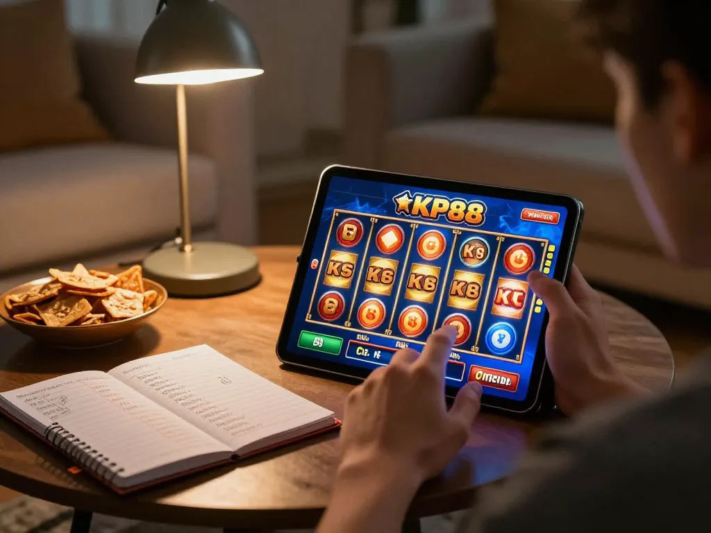 Engaging with KP88 SLOT games in a cozy living room ambiance while strategizing.