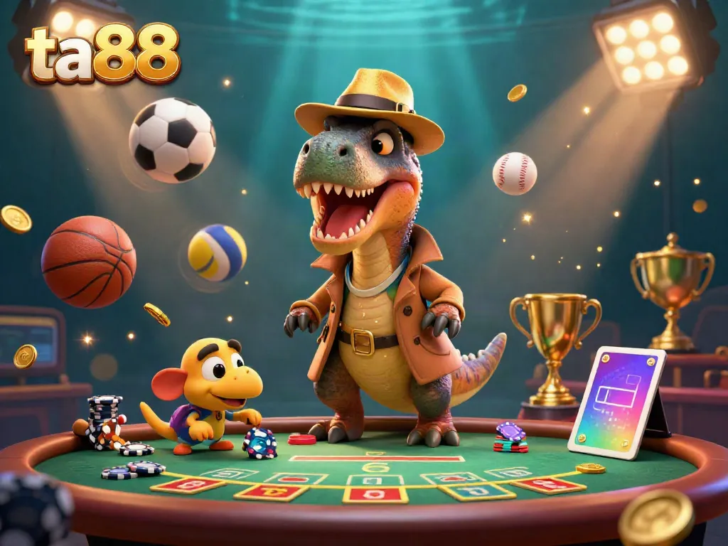 Experience thrilling gaming action with ta88, featuring a velociraptor at a blackjack table amidst flying sports balls and golden trophies.