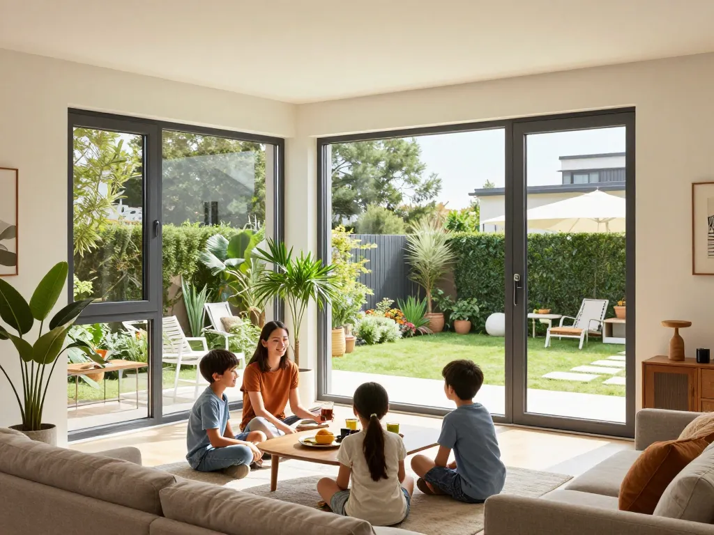 Hochwertige fenster schüco Fenster in einem modernen Zuhause, in dem eine Familie das natürliche Licht und die elegante Dekoration genießt.