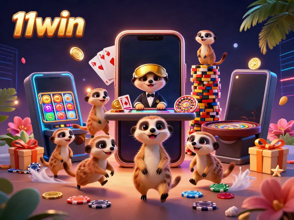 Experience the excitement of 11win as meerkats manage a colorful casino scene with vibrant game elements.