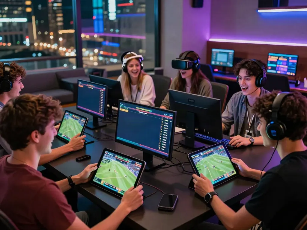 Friends enjoying online betting at https://ta88.network/ in a vibrant gaming lounge atmosphere.