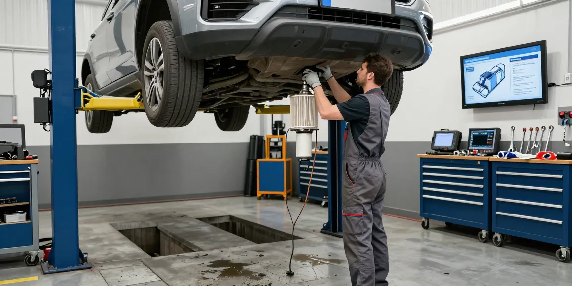 Mechaniker führt DPF Reinigen in einer professionellen Automobilwerkstatt durch.