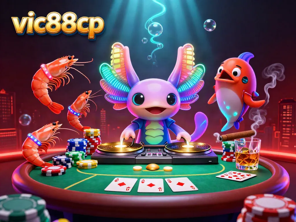 Experience high-energy gaming with the vibrant vic88cp underwater casino scene featuring a neon axolotl DJ.