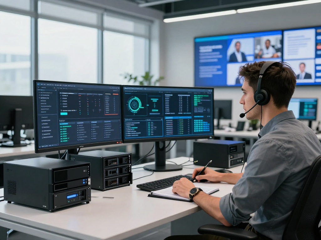 Daten- und IT-Sicherheit Dienstleistungen in einem modernen Cybersecurity-Büro, Analyst an mehreren Bildschirmen.