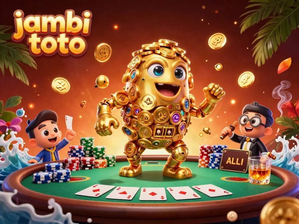 Experience winning moments at jambi toto with a golden golem surrounded by poker chips and cards.