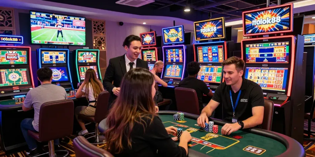 Exciting gaming atmosphere with players enjoying rokok88 rtp games in a lively casino.