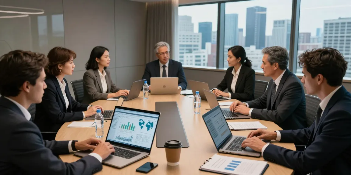 Team collaboration on international project financing strategies in a modern conference room with city view.