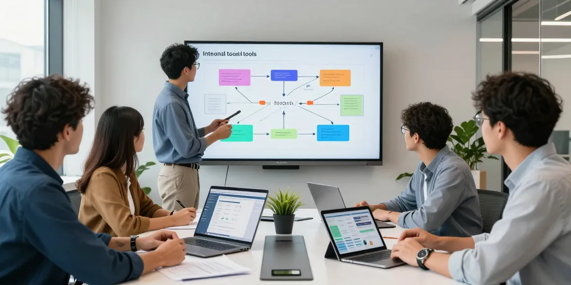 Build internal tools with AI using collaborative professionals in a modern office.