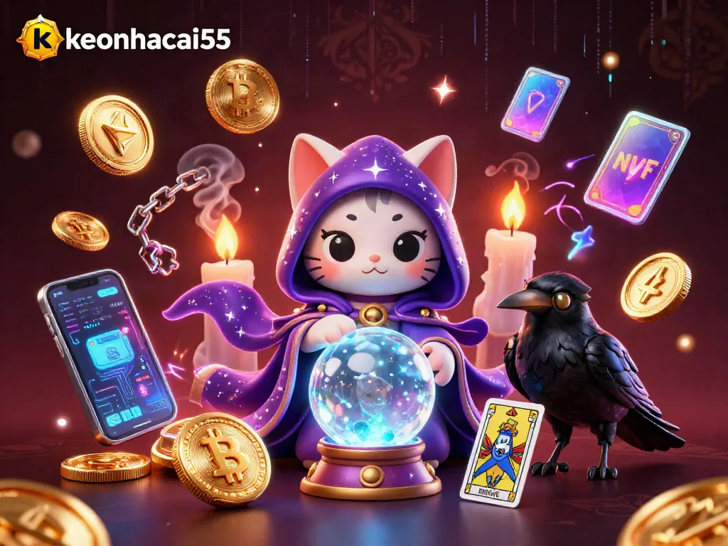 Experience keonhacai55 with animated characters and vibrant crypto elements in a casino atmosphere.