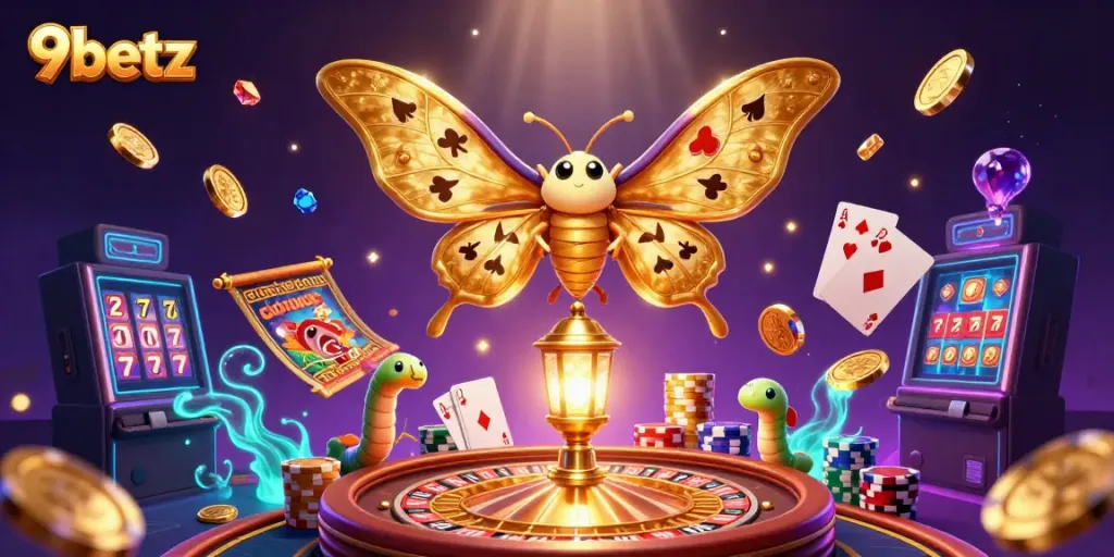 Experience the vibrant 9betz online casino scene with a majestic atlas moth amid golden gaming treasures.