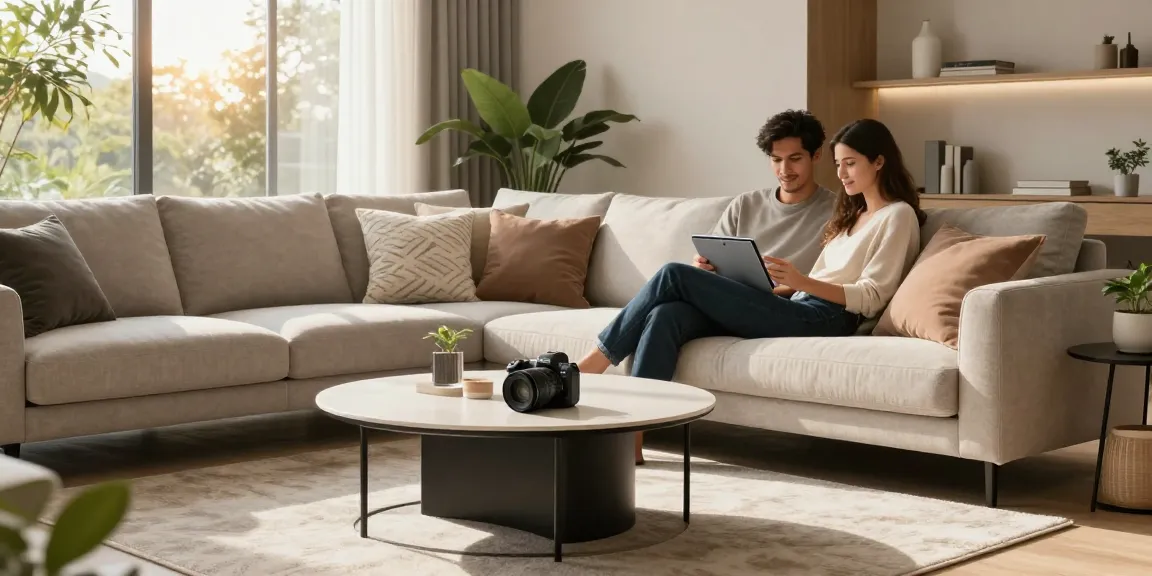 Entdecken Sie stilvolle Optionen für Möbel online kaufen in einem gemütlichen, modernen Wohnzimmer mit einem Paar, das sich auf einem plüschigen Sofa entspannt.