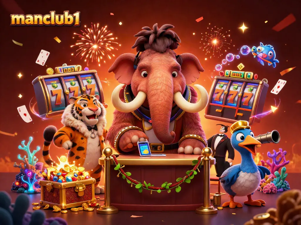 Experience the excitement of manclub1 with a dynamic casino scene featuring unique characters and lucky gambling elements.