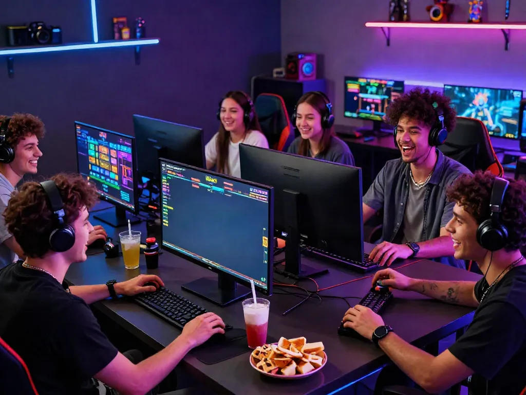 Exciting friends playing ROKOK88 online slot game in bright gaming room.