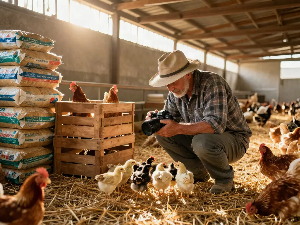 ROKOK88 poultry feed inspection at a sunny farm.