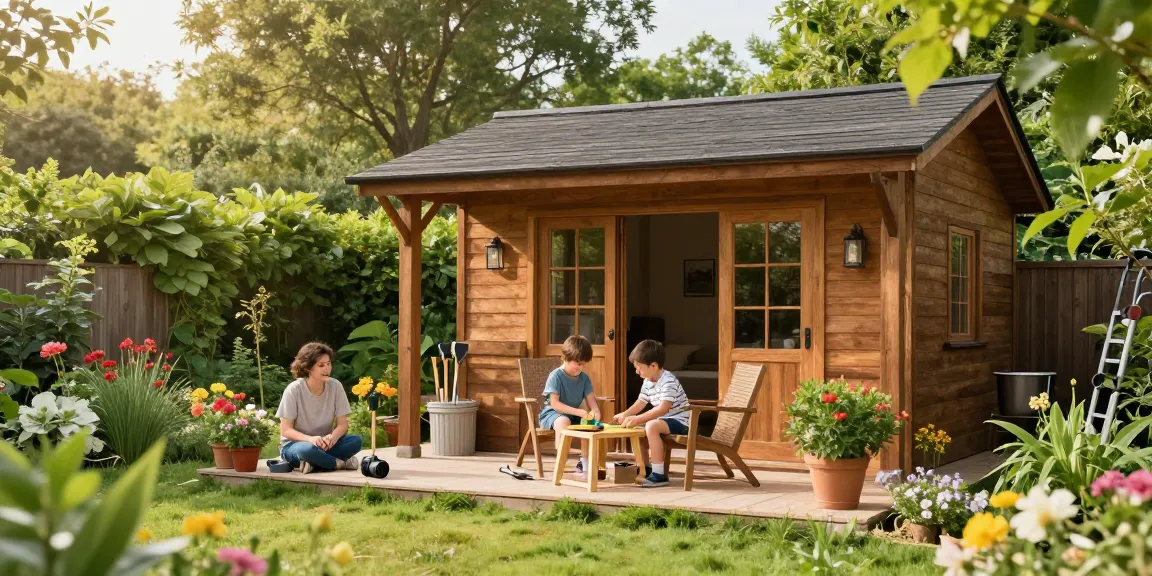 Familie beim Zusammenbauen von Gartenmöbeln vor einem schönen Gartenhaus.
