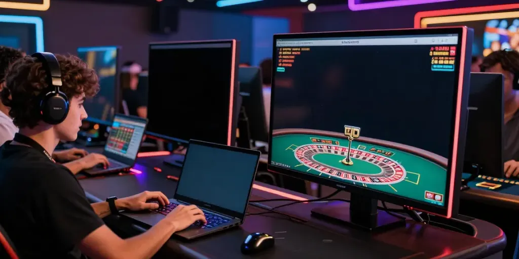 Engaged players enjoying a thrilling live casino experience at fc88, surrounded by modern technology and vibrant lighting.