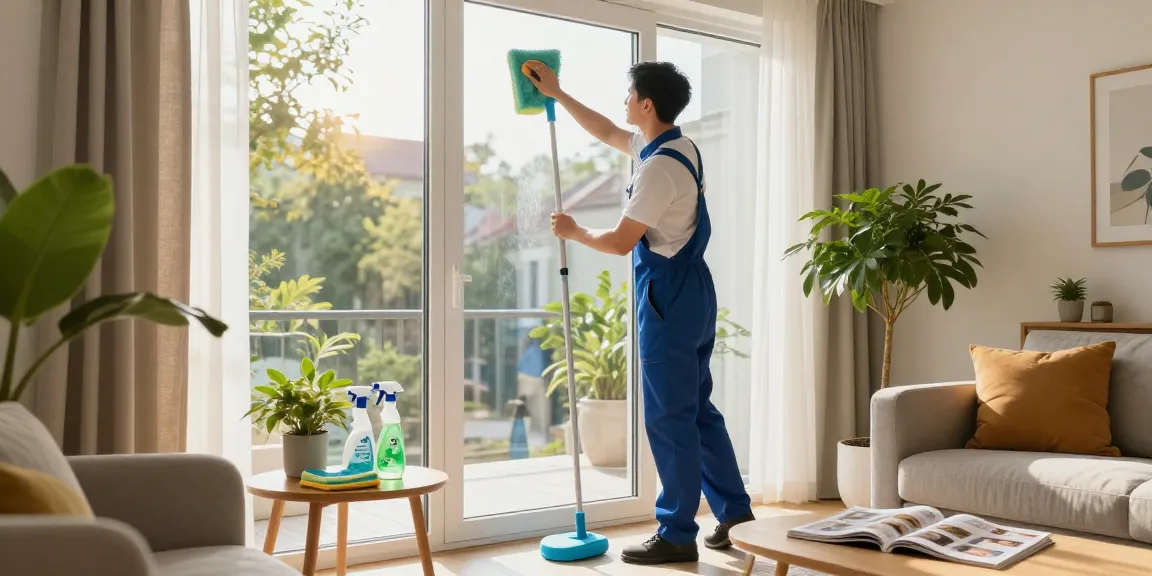 Professional cleaning service for wohnungsreinigung bern, featuring a cleaner polishing windows with sunlight filtering through a bright living room.