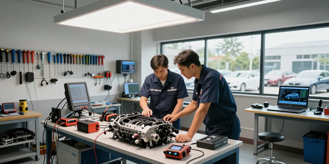 BMW Spezialisten, die einen Motor in einer professionellen Werkstatt mit fortschrittlichen Diagnosetools und hellem Licht untersuchen.