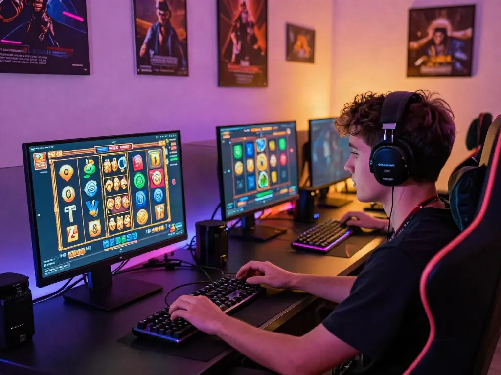 Engaging player at https://choinohu.vip/ enjoying an exciting slot game in a vibrant gaming space.