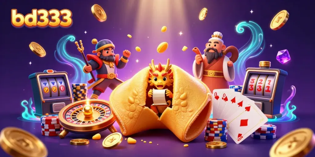 Experience thrilling gaming at bd333 with giant fortune cookie and dragon amidst golden casino elements.