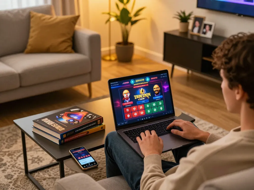 Player enjoying kkwin online casino game from a cozy living room setup, showcasing vibrant interface and strategy.