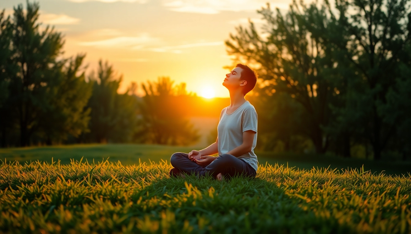 Schutzgebet praktikierende Person in meditativer Pose vor sunset.