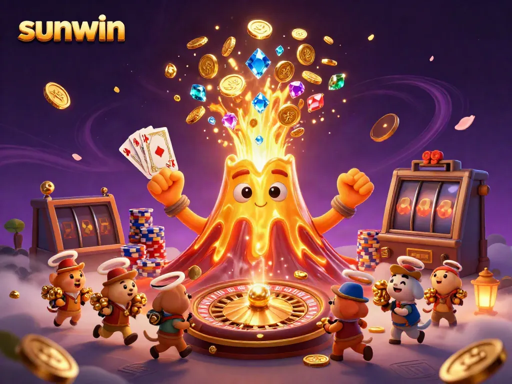 Win big at Sunwin with a dynamic scene of a golden volcano erupting treasures and gaming elements.