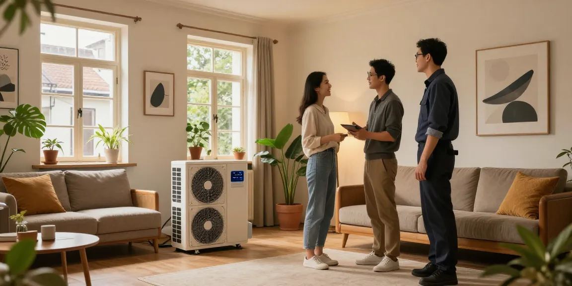 A homeowner evaluates a wärmepumpe im altbau installation with a technician in a stylish living room, emphasizing energy efficiency and comfort.