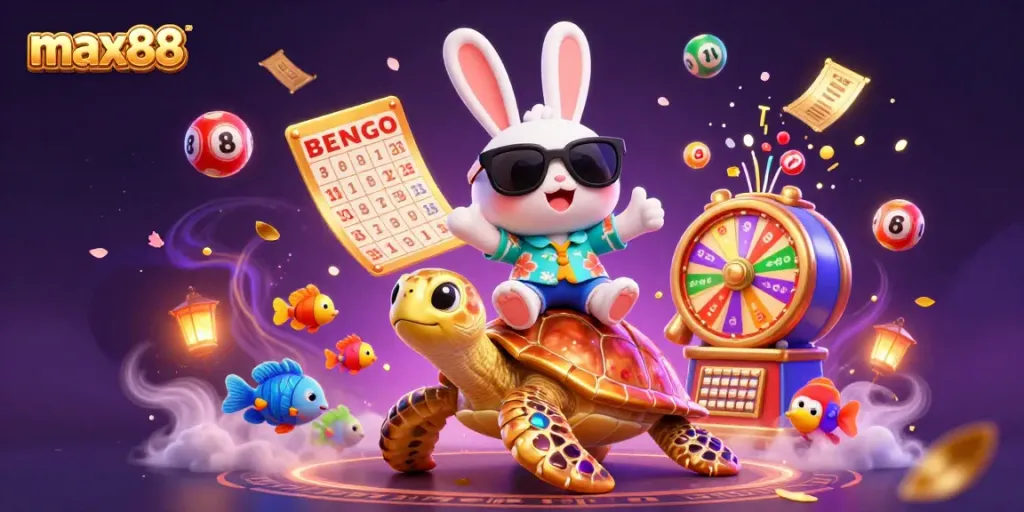 Enjoy exciting gaming adventures with max88 and a cheerful rabbit riding a golden turtle amidst festive gaming elements.