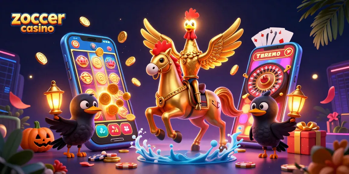 Zoccer casino reels spin and golden coins emerge in a vibrant, action-packed casino scene.