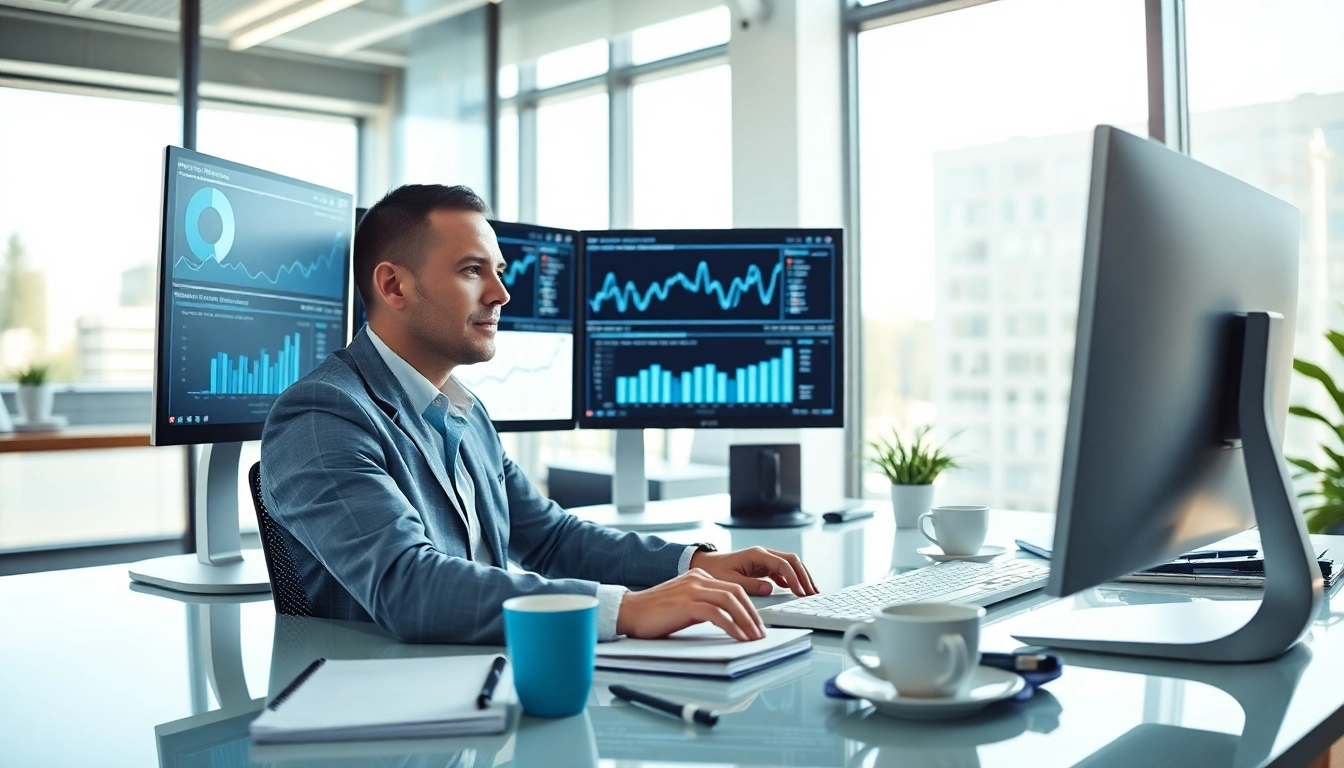 IT Consulting: Professioneller Berater arbeitet in einem modernen Buero mit Multimediageraeten.