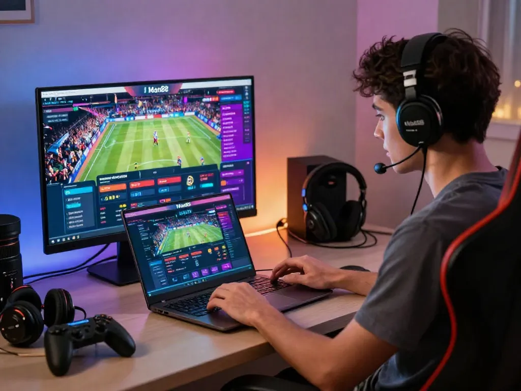 User engaging with the Man88 betting platform in a vibrant gaming environment, showcasing excitement and modern tech.
