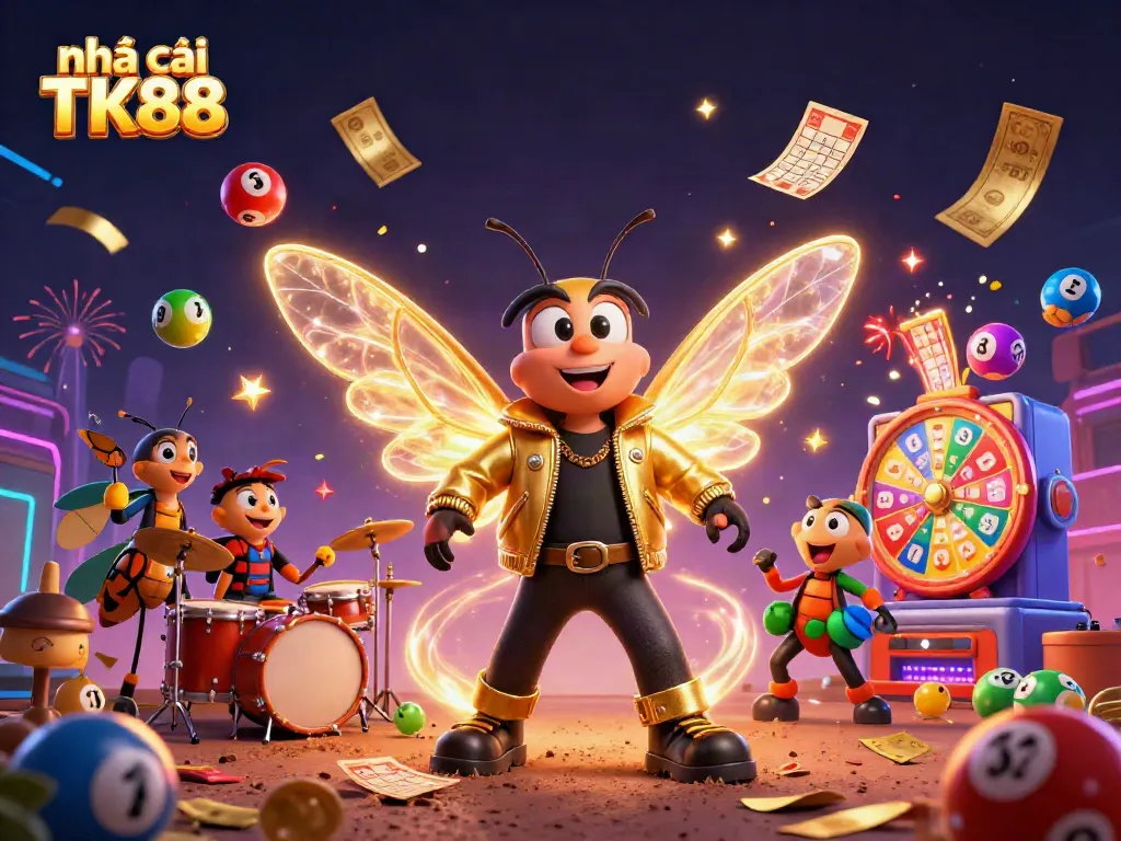 Experience the exciting world of nhà cái TK88 with a vibrant 3D scene of a cicada rock star and casino elements.