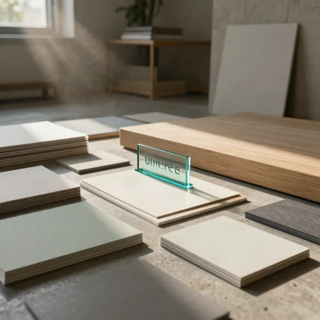 Dramatisches Markenstudio mit Farbkarten, Papiermustern und Verpackungsprototypen im Licht nach Regen.