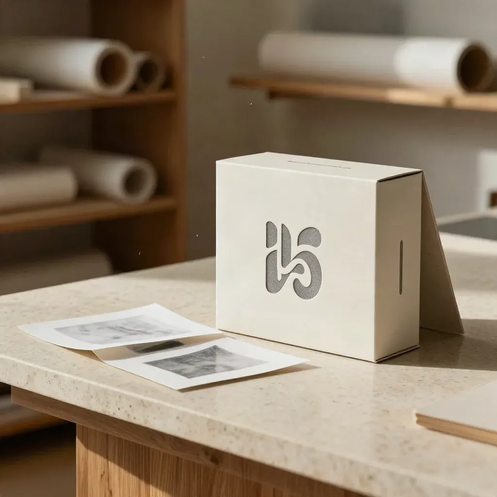 Geprägtes Logo auf Verpackungsprototyp in einem warmen Kreativstudio, daneben zwei verworfene Formstudien.