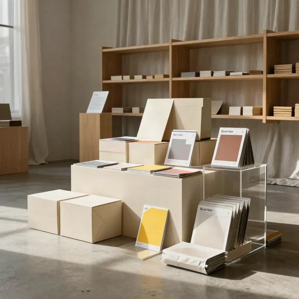 Leere Pop-up-Installation mit Verpackungen, Karten und gelbem Display im Launch-Look.