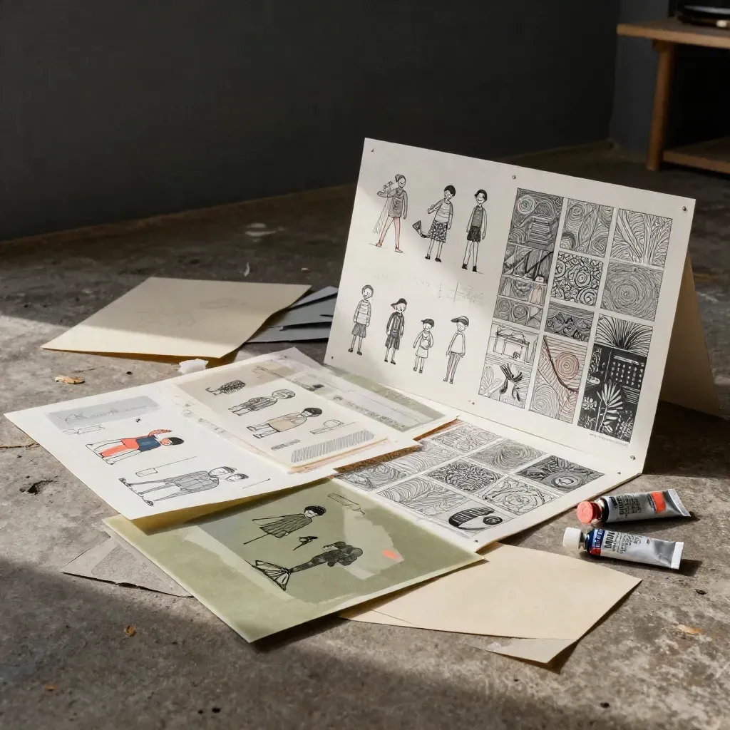 Gedruckte Illustrationsboards mit Figuren, Icons und Mustern, dazu Farbtuben und Folien.