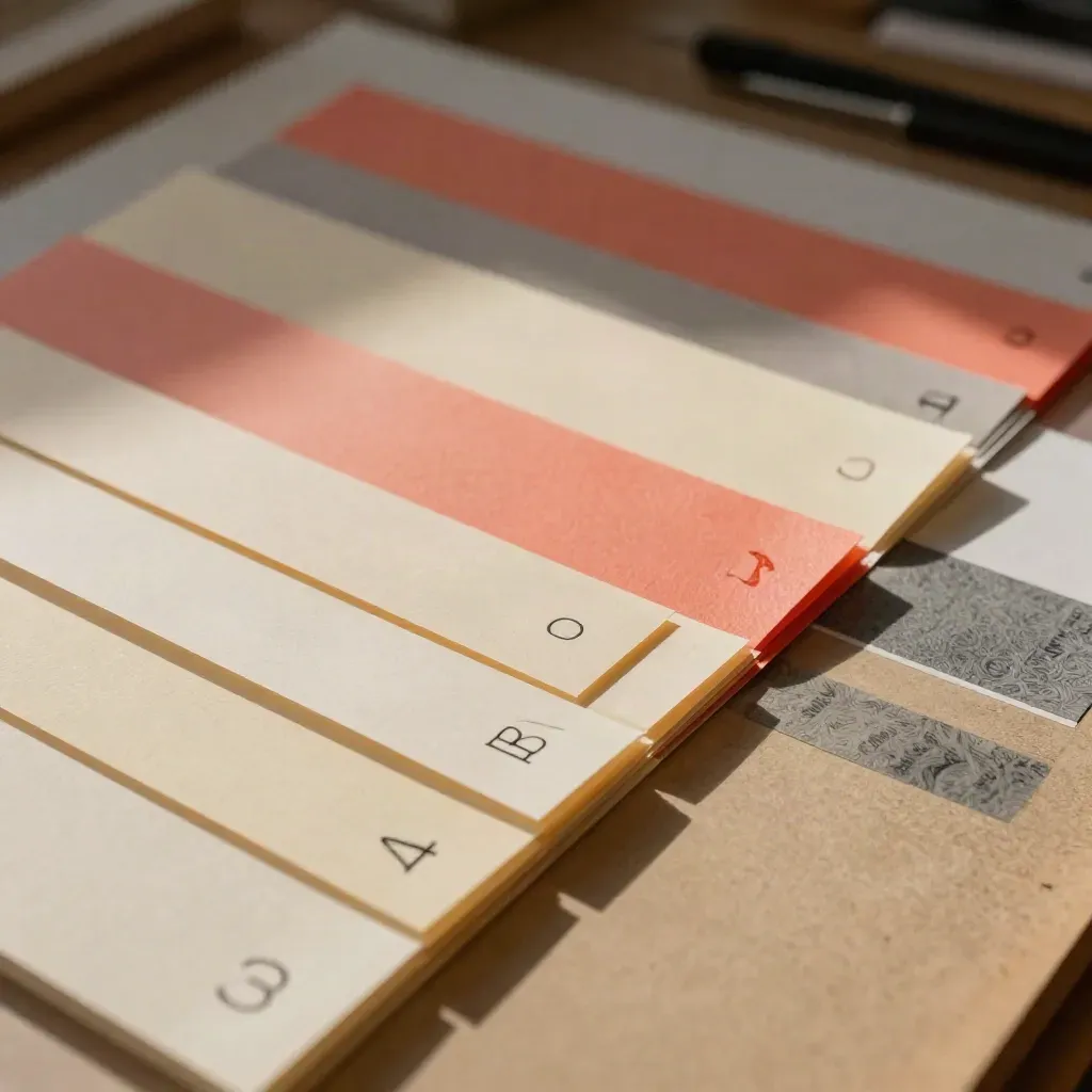 Schicht aus Papier- und Folienmustern in Rot, Creme und Khaki im harten Streiflicht.