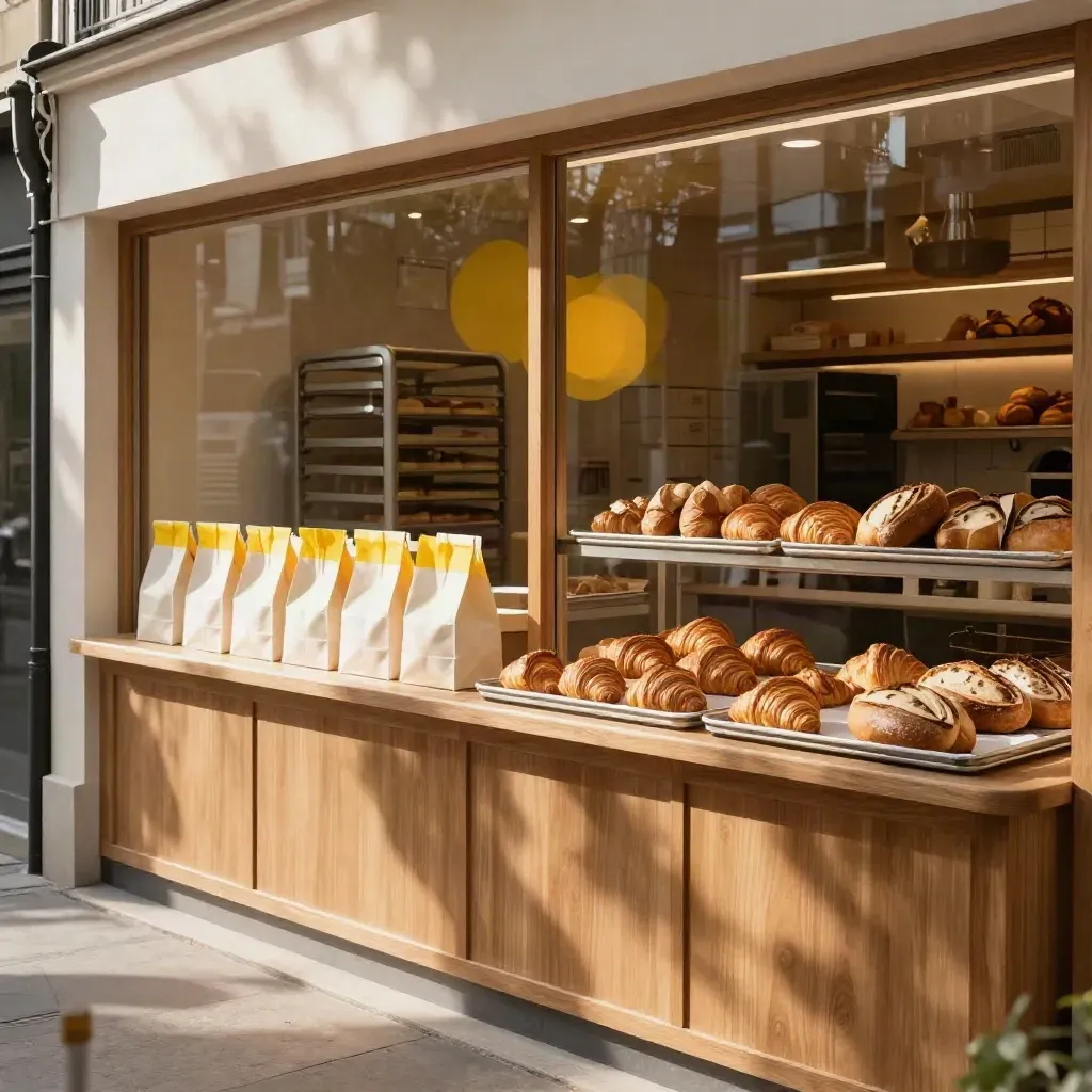 Menschenleere Bäckereifiliale mit Tüten, Schachteln und gelber Fenstergrafik im warmen Licht.