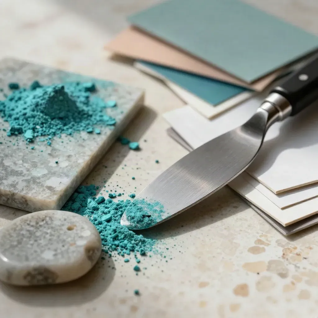 Farbpigmente, Steinprobe, Klinge und Papierchips in Nahaufnahme auf Travertin.
