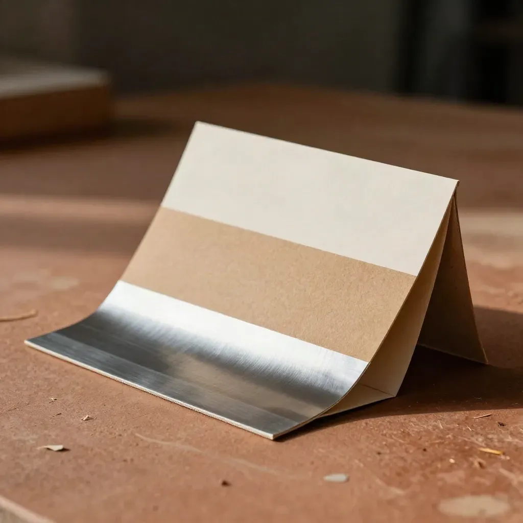 Materialproben für Print und Verpackung auf einem Werkbrett im warmen Werkstattlicht