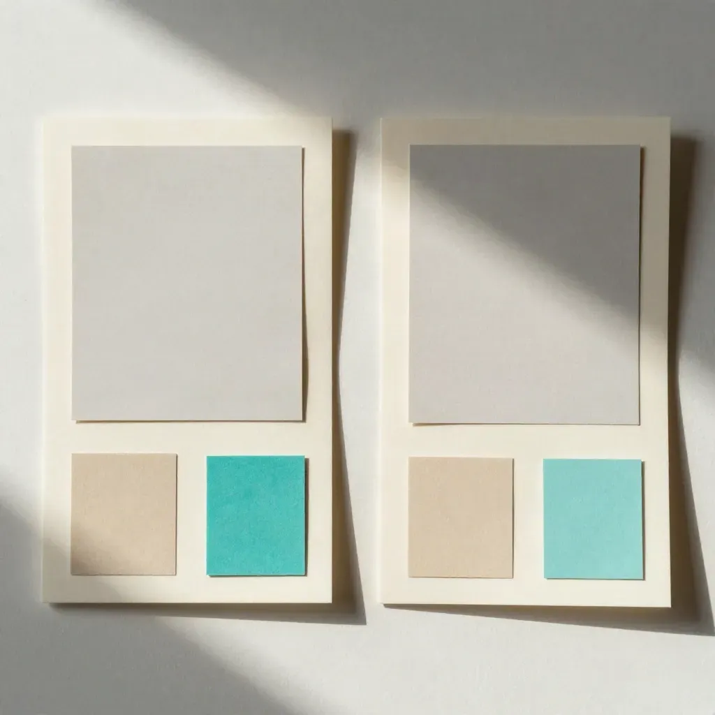 Zwei getrennte Farb- und Formmoodboards mit Materialchips auf hellem Putz.