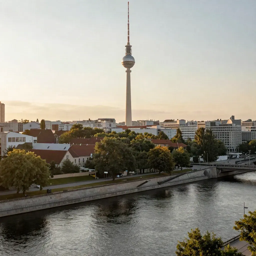 Berlins Skyline mit Fernsehturm über ruhigem Spreeufer im warmen Dunst