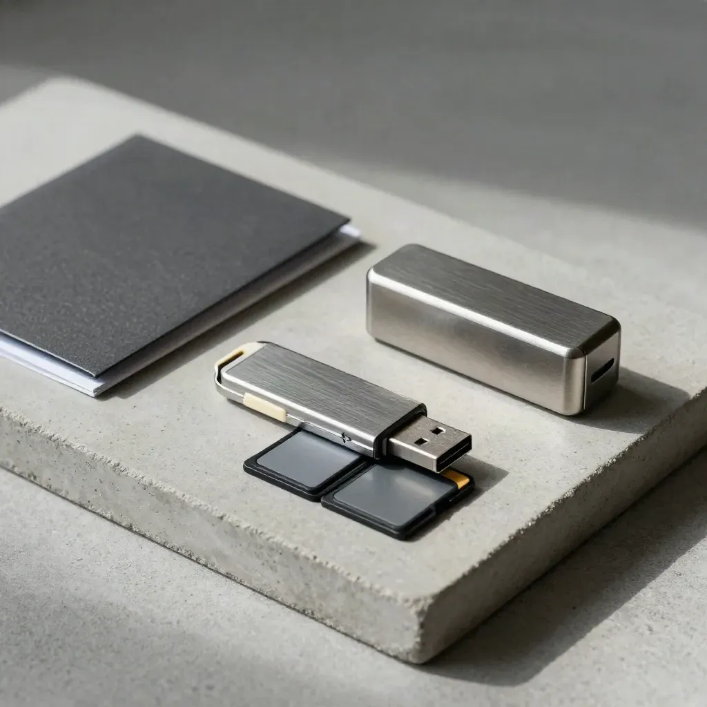 Liefer-Set mit USB-Stick, Speicherkarten, Archivhülle und Transportbox auf Beton.