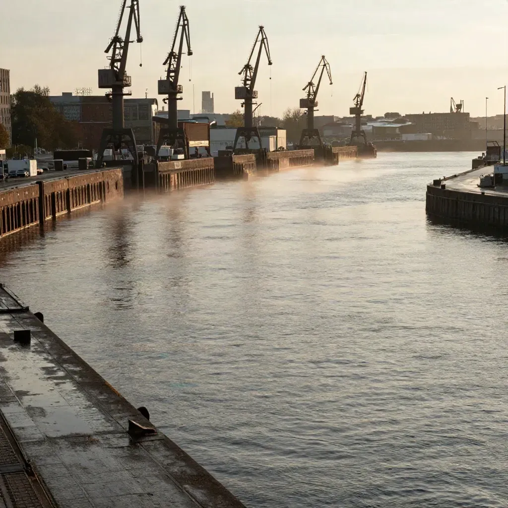 Hamburger Hafen im warmen Abendlicht mit Kaimauern, Kränen und ruhiger Wasserfläche.