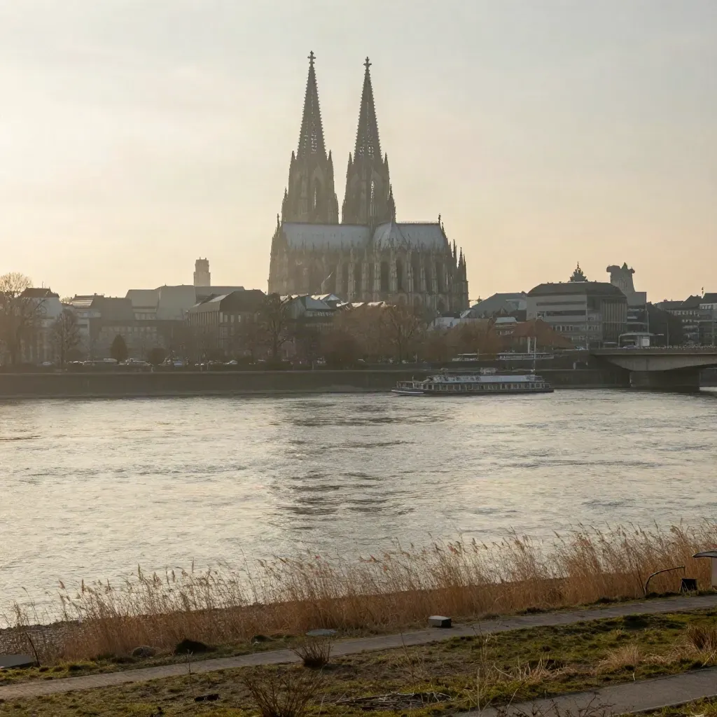 Kölner Dom als ferne Silhouette über dem ruhigen Rhein im warmen Stadtnebel.