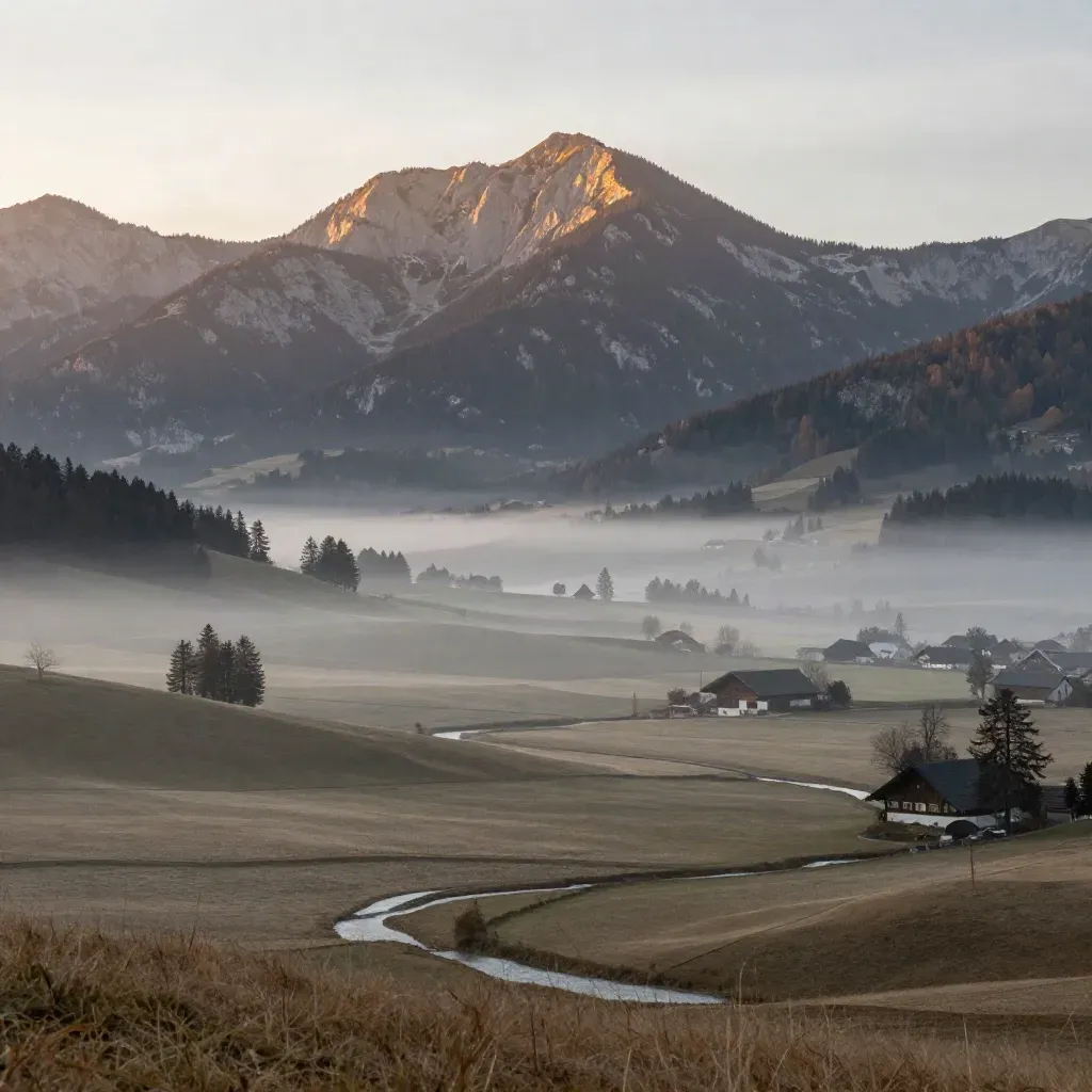 Bayerische Alpen mit Nebelschichten und warm glühender Bergkante vor Sonnenuntergang